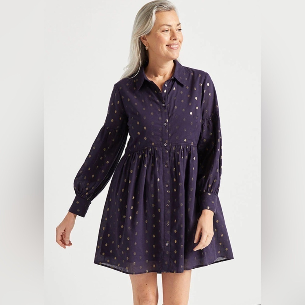NWT Jude Connally Briar Babydoll Boho Chic Dress Navy Gold Dot , XS